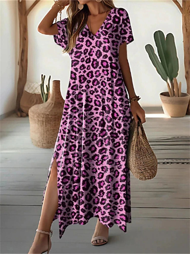 New Vacation Women's Dresses Sexy Leopard Print Elegant Midi Dresses Short Sleeve Dresses Fashion Oversized Dresses 2025 Summer