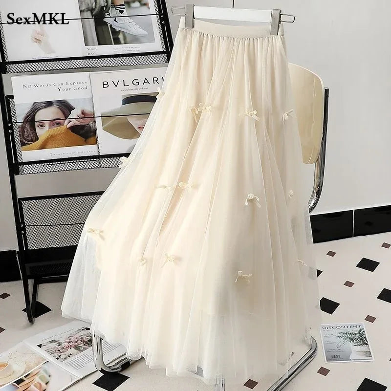 Elegant Black Tulle Skirts Women 2025 Fashion Casual High Waist Kawaii Skirt Adjust Waist Korean Mid Length Pleated Skirts Bow