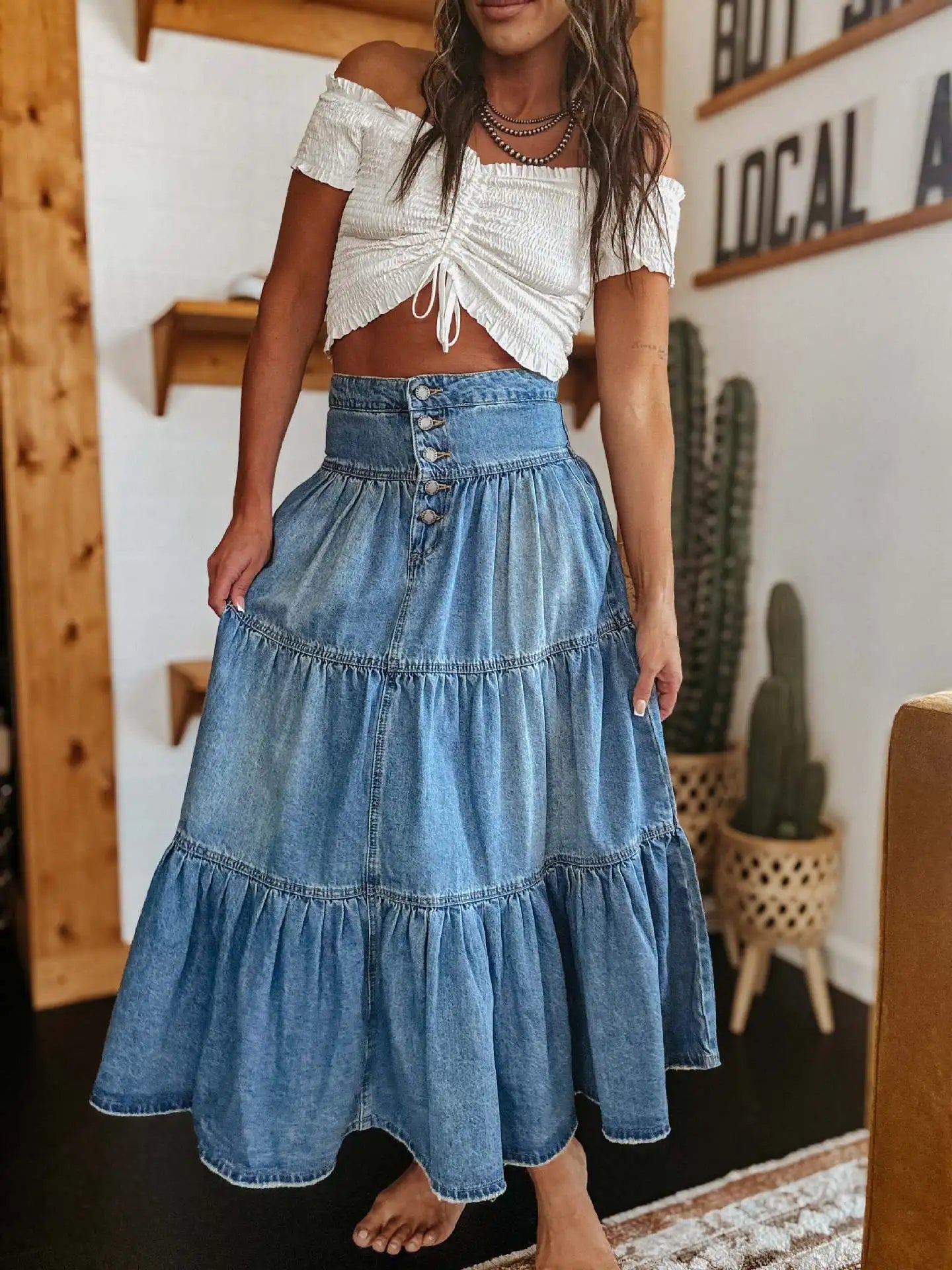 Women's Denim Skirt Bohemian A-line Layered Cake Skirt Casual Fashion Summer New Item