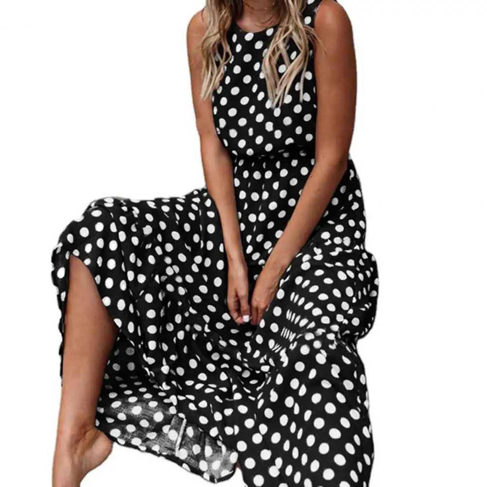 Polka Dot Boho Sundress Women Summer Beach Maxi Long Dresses Sexy Elegant Sleeveless Belts Evening Party Dress Vestido De Mujer