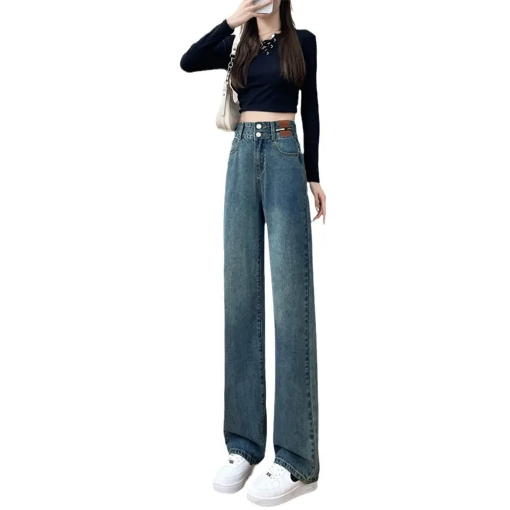 High Waist Solid Casual Denim Pants Vintage Baggy Jeans Women Fashion Trousers Straight Jeans Female Floor-length Wide-leg Jeans