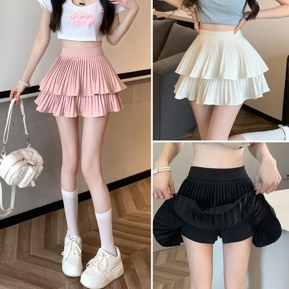 Double Layer Cake Skirt Fashion Summer High Waist Short Skirt Built in Shorts Black Tennis Skirt