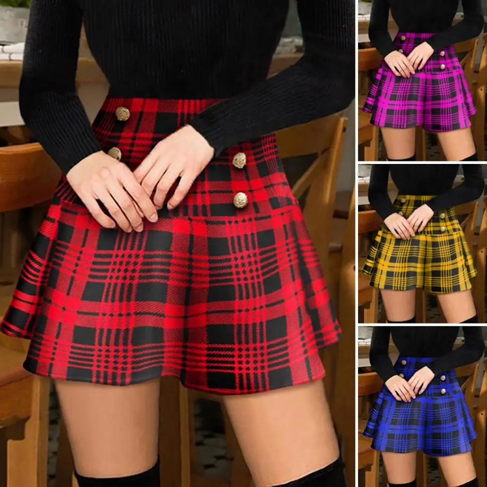 Fashionable Pleated Skirt Plaid Print High Waist Pleated Skirt with Button Detailing Elegant Fashionable Women's Skirt in Soft