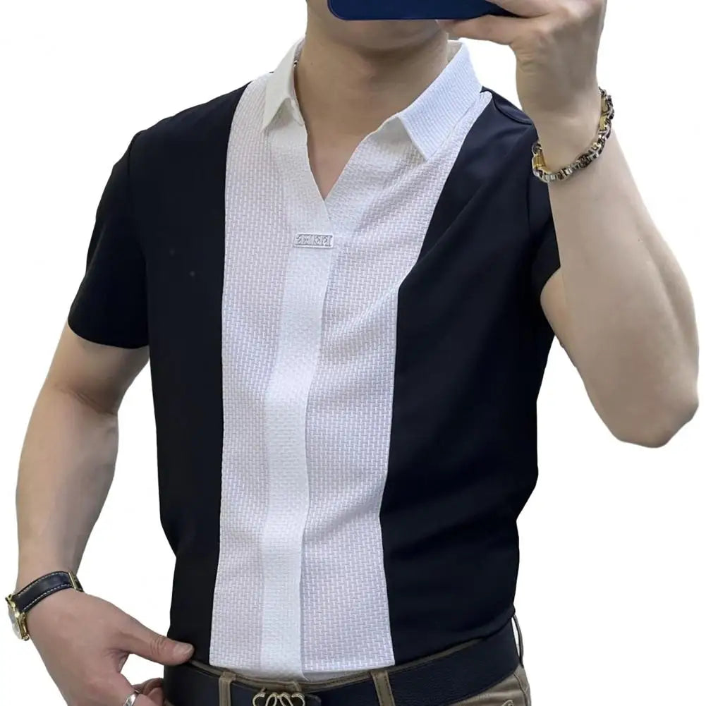 Men Short-sleeve Shirt Formal Business Style Men's Summer Shirt With Turn-down Collar Short Sleeves Slim Fit Patchwork Soft