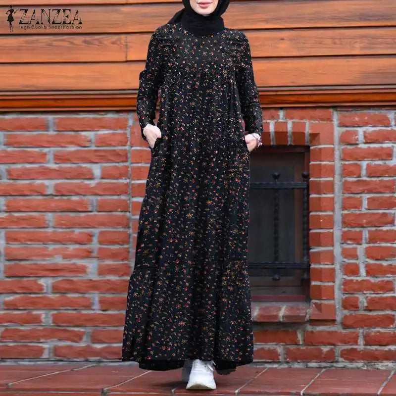 Muslim Abayat Fashion Print Cotton Linen Long Vintage Dress for Women, Dubai Kaftan, Islam, Spring, Autumn