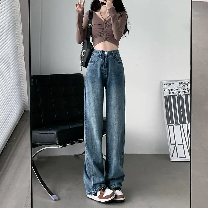 Baggy Jeans Women Vintage Blue High Waist Jeans for Women Wide-leg Pants Stretch Ladies Denim Pants Washed Trousers Streetwear