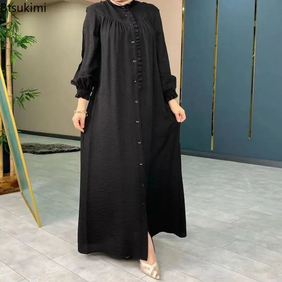 Muslim Fashion Modest Abaya for Women Morocco Solid Casual Robe Puff Sleeve Party Evening Dresses Female Button-up Long Vestidos