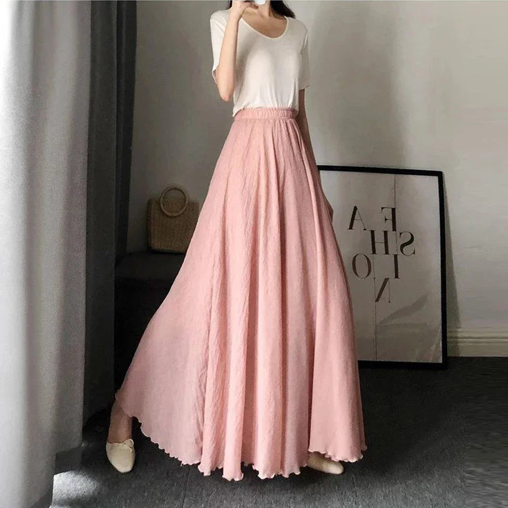 Casual Cotton Linen Effect Pleated Midi Skirt Ladies Elastic Waist A-line Wave Sun Skirt Women Black White Solid Elegant Skirts