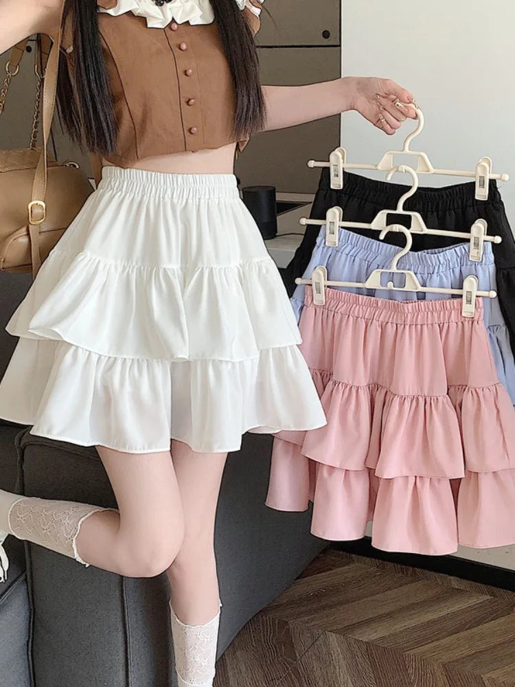 2024 New Ruffled Cake Skirts Women High Waist A-line Solid All-match Sweet Lovely Girl Korean Gentle Spring Kawaii Casual Skirts