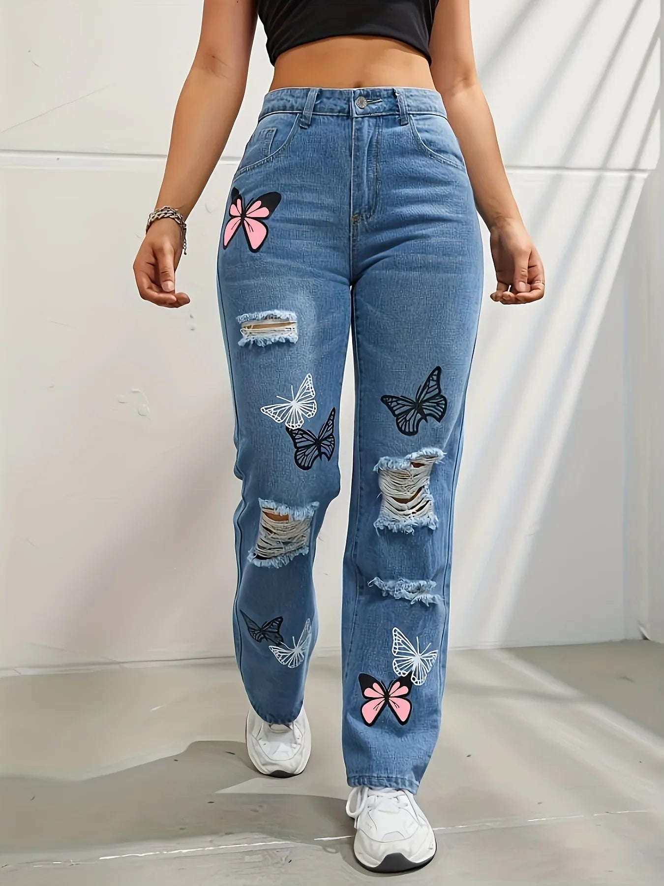 Women Denim Trousers Holes Jeans Butterfly Print Straight Pants High Waist Mom Jeans Vintage Y2k Punk Casual Pant Streetwear