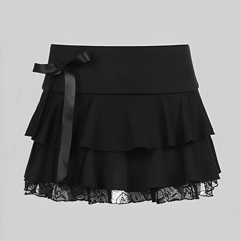 Summer Sexy Low Waist Lace Patchwork Bow Mini Skirt Cake Skirt For Women Cute Outfit Slimming Pleated Short Skirt