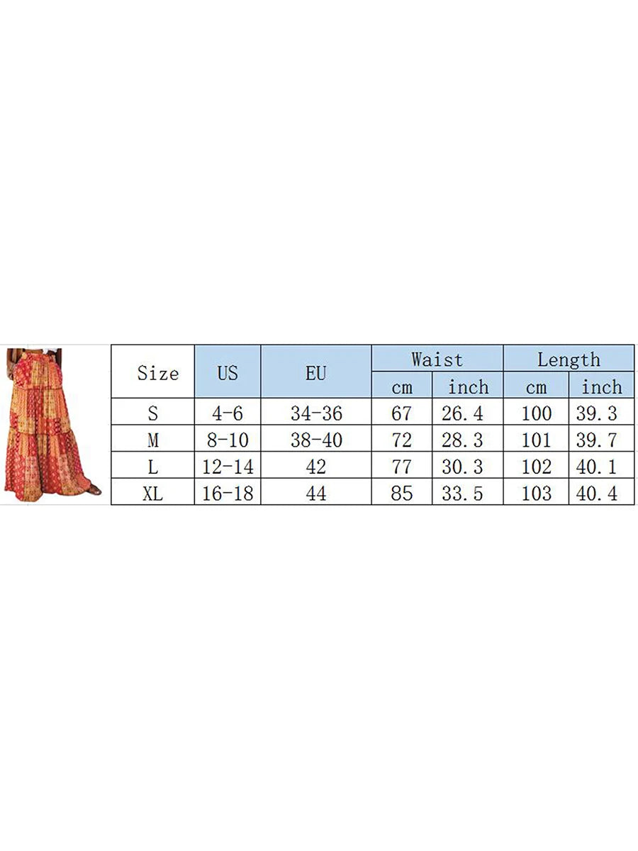 Women Bohemian Long Skirts Vintage Long Maxi Elastic High Waist A-Line Skirts Tiered Long Skirts with Pockets Beachwear Skirt