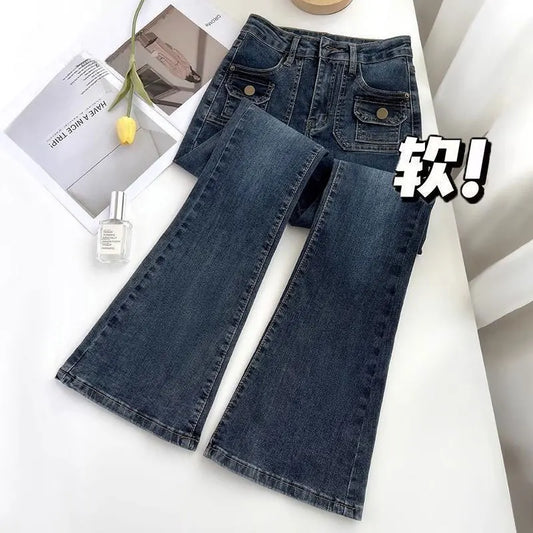 Slim-fit High-waisted Micro-flared Jeans, Women's Spring and Autumn New Fashion Stretch Horseshoe Long Pants,Water Washing Jeans