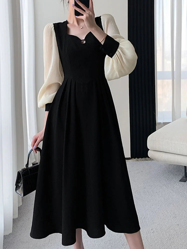 Fashion Dresses for Women Long Sleeve Party French Style Dress Solid Square Collar Midi Zipper 2023 New Spring Summer Dress