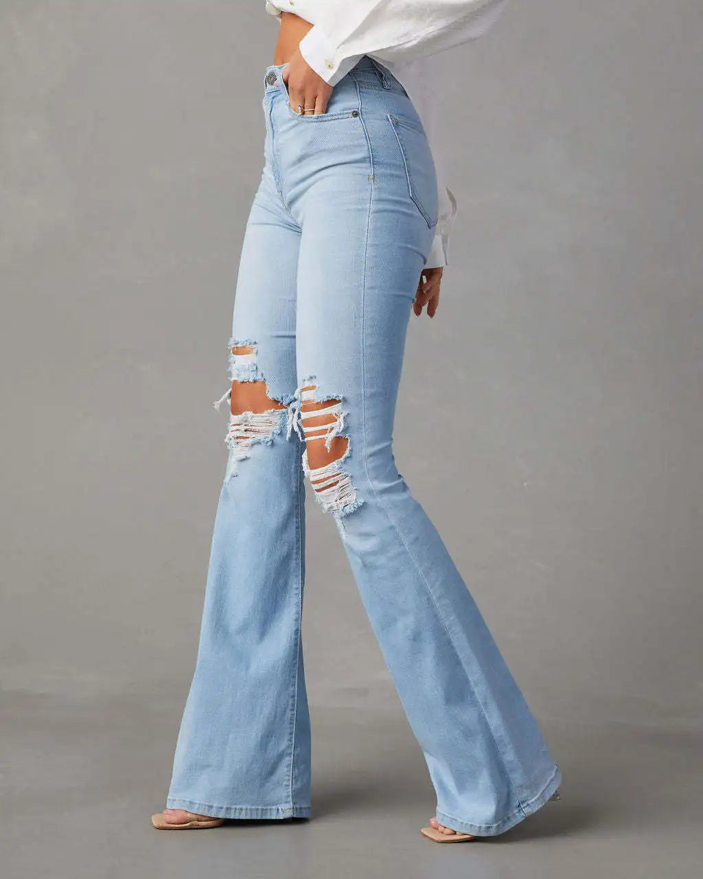 Women Denim Flare Pants Streetwear Jeans Loose Fit High Waist Pockets Holes Ankle Length Solid Color Spring 2024 Zipper Fly