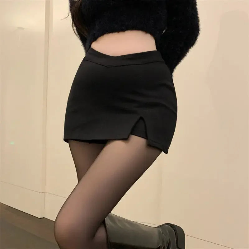 2024 Black Split Mini Skirts Women Summer Club High Waist Slit Skirt Streetwear Korean Party Fashion Irregular Slim A Line Skirt