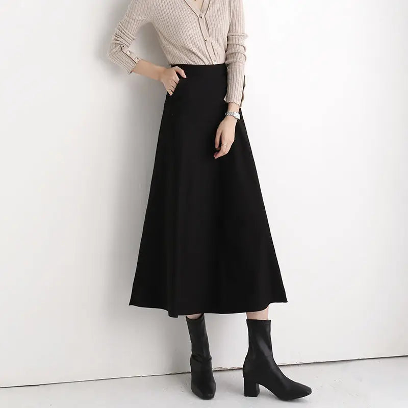 Black Long Skirt Women 2024 Spring Korean Fashion Elegant Vintage High Waist A-line Midi Length Swing Skirt Office Lady Y2k