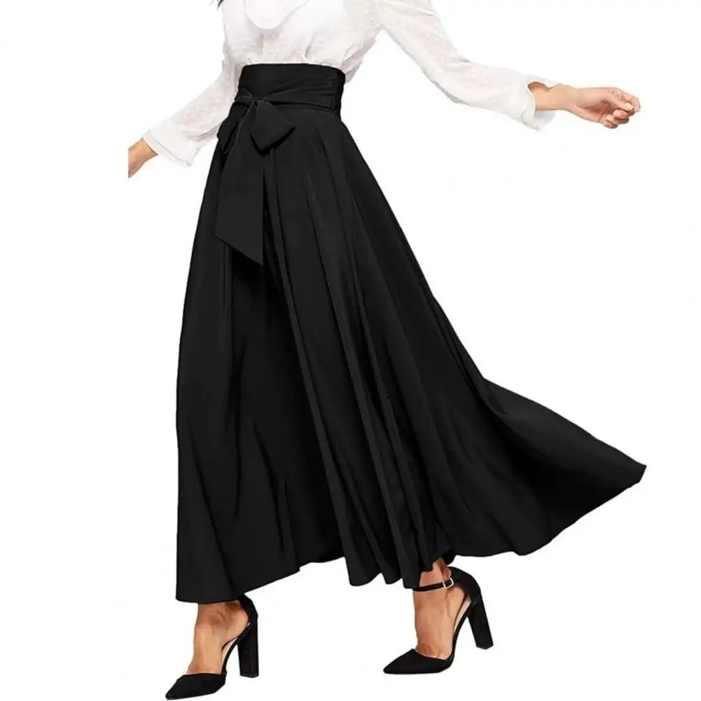 High Waist Skirt Elegant Lace-up Maxi Skirt with High Waist A-line Silhouette Solid Color Wide Band Pleated for Women for Ol