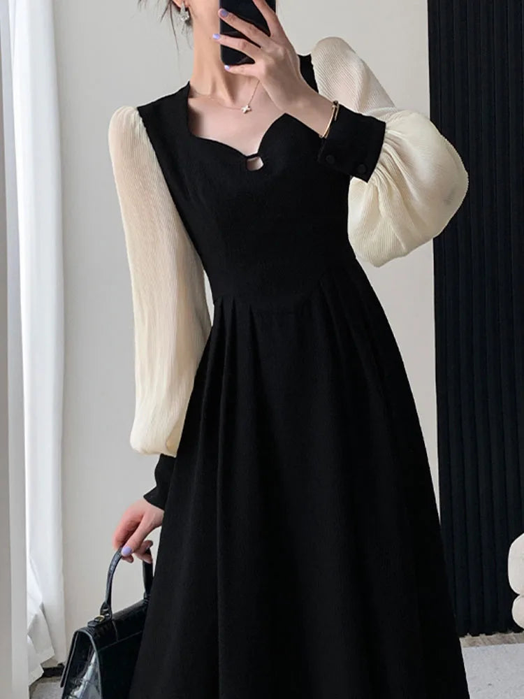 Fashion Dresses for Women Long Sleeve Party French Style Dress Solid Square Collar Midi Zipper 2023 New Spring Summer Dress