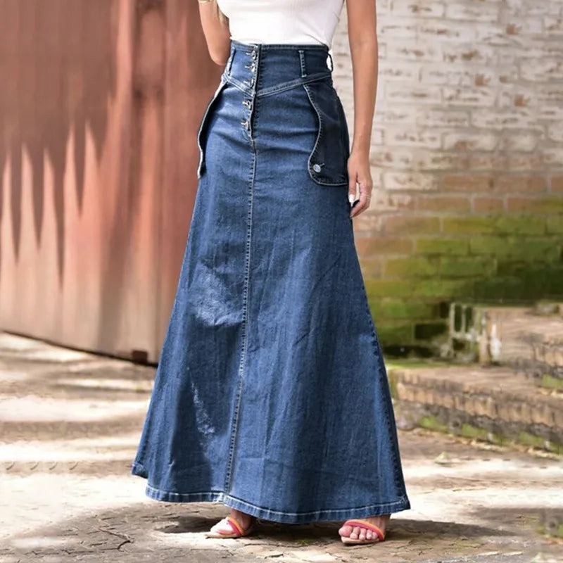 Skirts Women A Line Long Skirt Slim Fit High Waist Elegant Splice Denim Sexy Casual Regular Pocket Button Solid Summer 2024