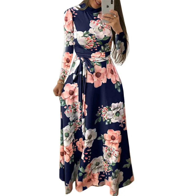 Autumn Women's Printed Maxi Dress Fashionable Long Sleeve Lace Up 3D Round Neck Vestidos Evening Long Elegant Dresses S-5XL