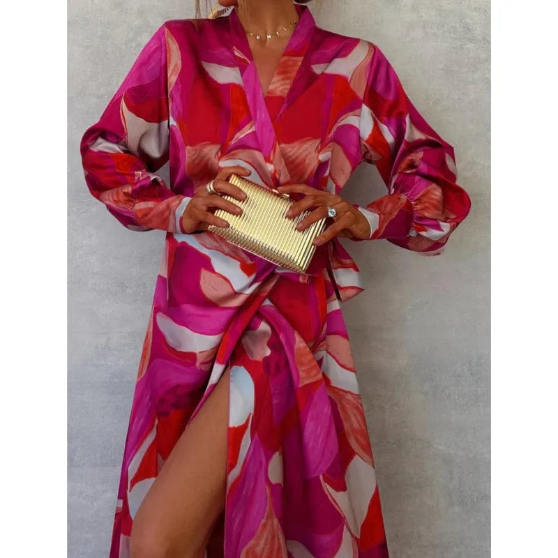 Pink Printed Women's Long Sleeved Dress Autumn New V-neck Cross Tie Lantern Sleeve Irregular Women's Long Dress 2024 Vestido