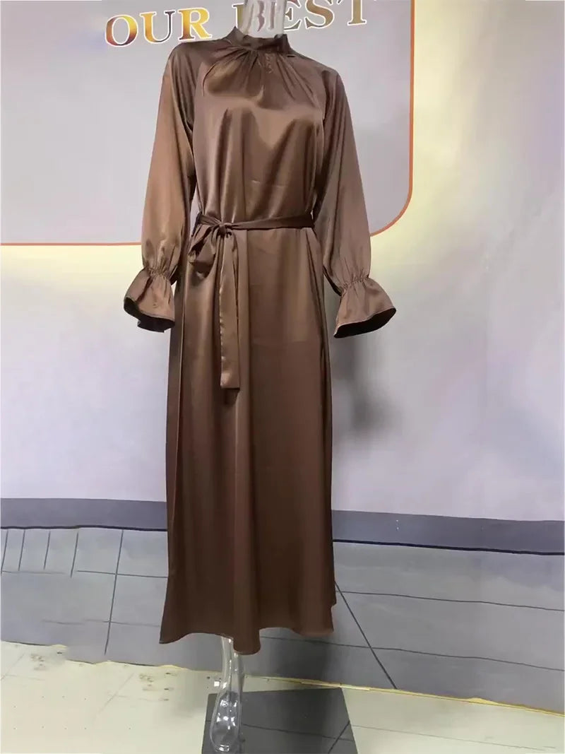 Long Sleeve Muslim Dress Women Solid Satin Dress for Women Slim-fit Belt Evening Dresses Abaya Dubai Islamic Clothing Vestidos