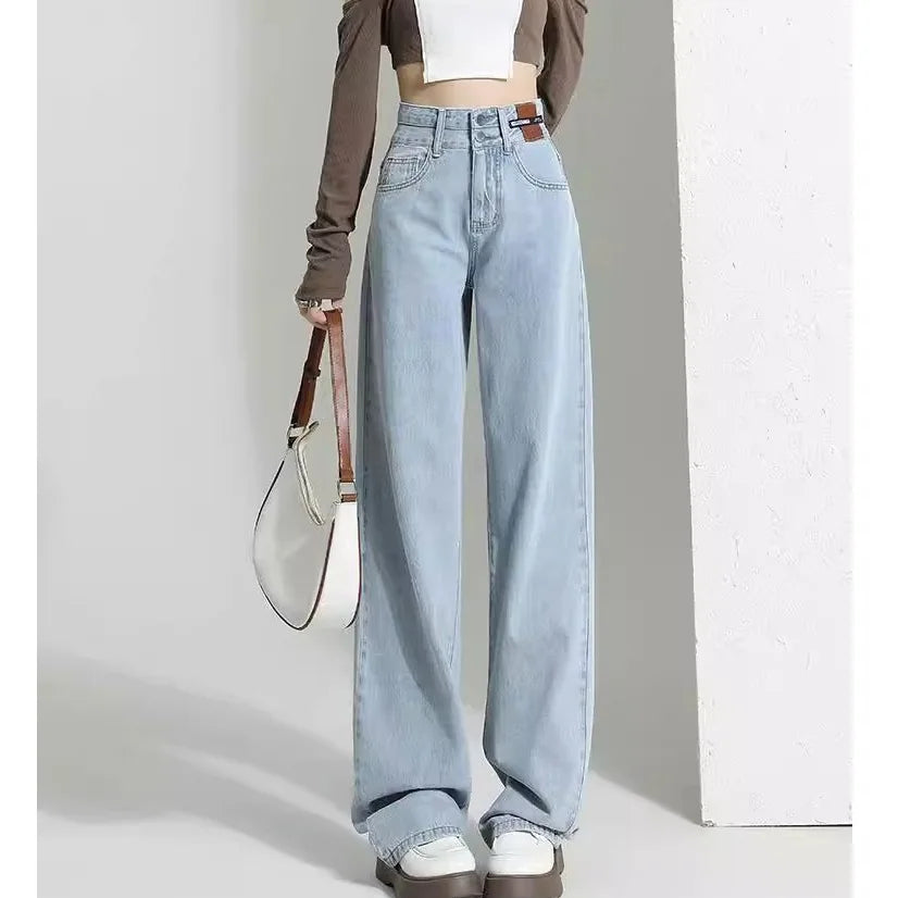 Vintage Baggy Jeans Women High Waist Solid Casual Denim Pants Fashion Trousers Straight Jeans Female Floor-length Wide-leg Jeans