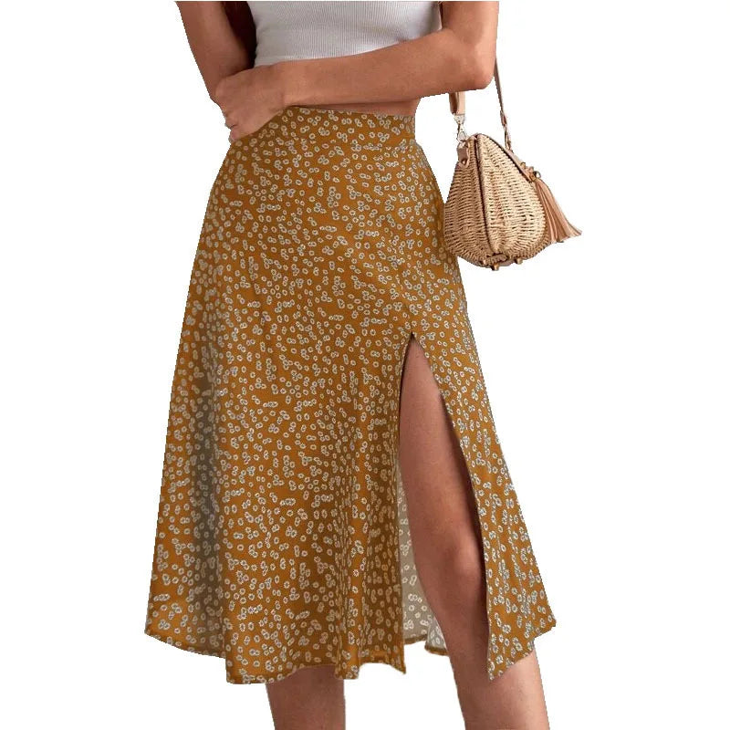 Elegant Printed Skirt Women Sexy Split Mid Skirt Summer Every Day Solid Color Dress Robe