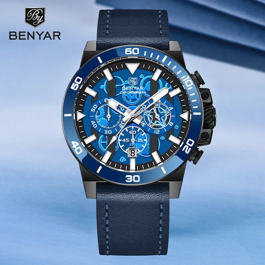 BENYAR NEW Men's Quartz Watch Fashion 42MM Chronograph Stopwatch 3C Sports Sapphire Stainless Steel Waterproof Reloj Hombre