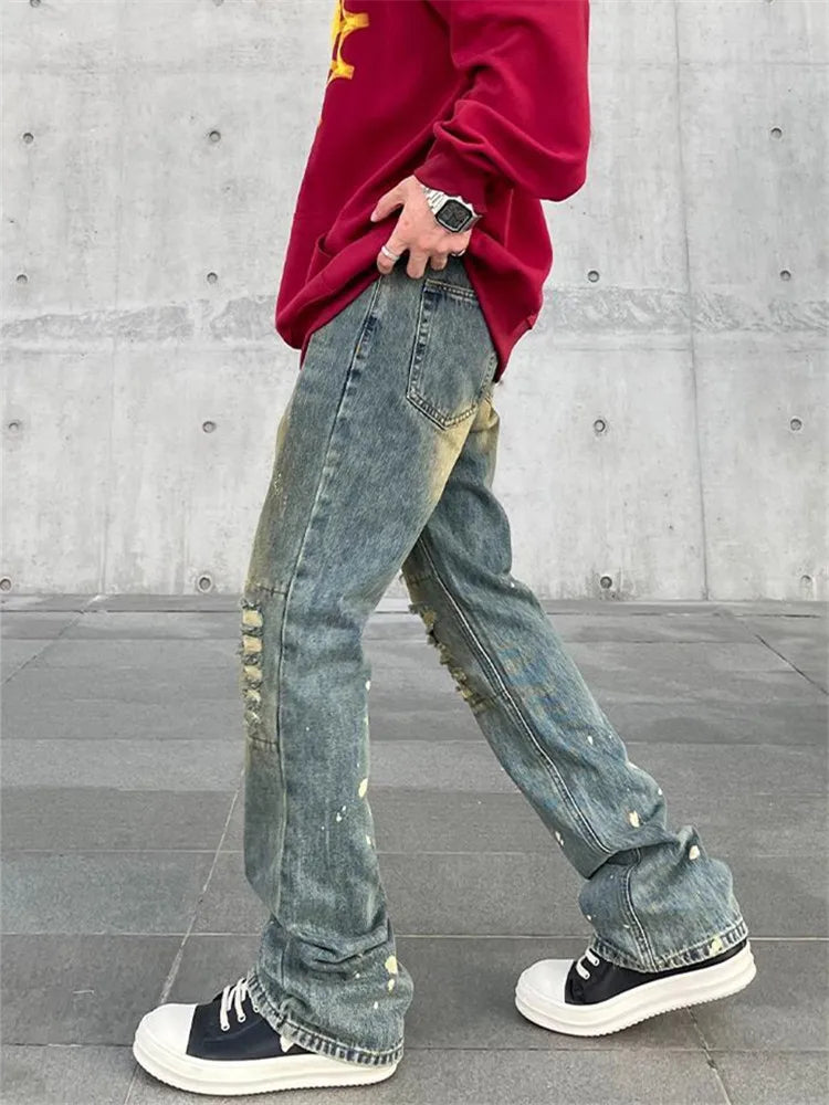 Spring and Autumn High Street Jeans for Men Y2K Straight-leg Pants Splash-ink Button Pocket Washed Trousers A167