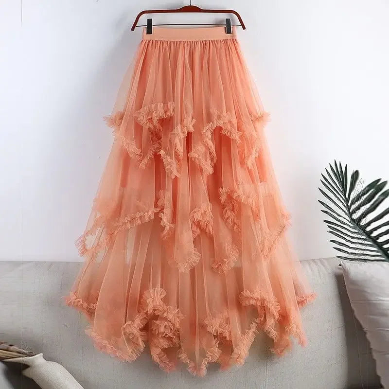 Summer Fashion Irregular Cake Tulle Skirt Women Sweet Midi Long High Waist A-line Skirt Female Mesh Party Evening Skirt