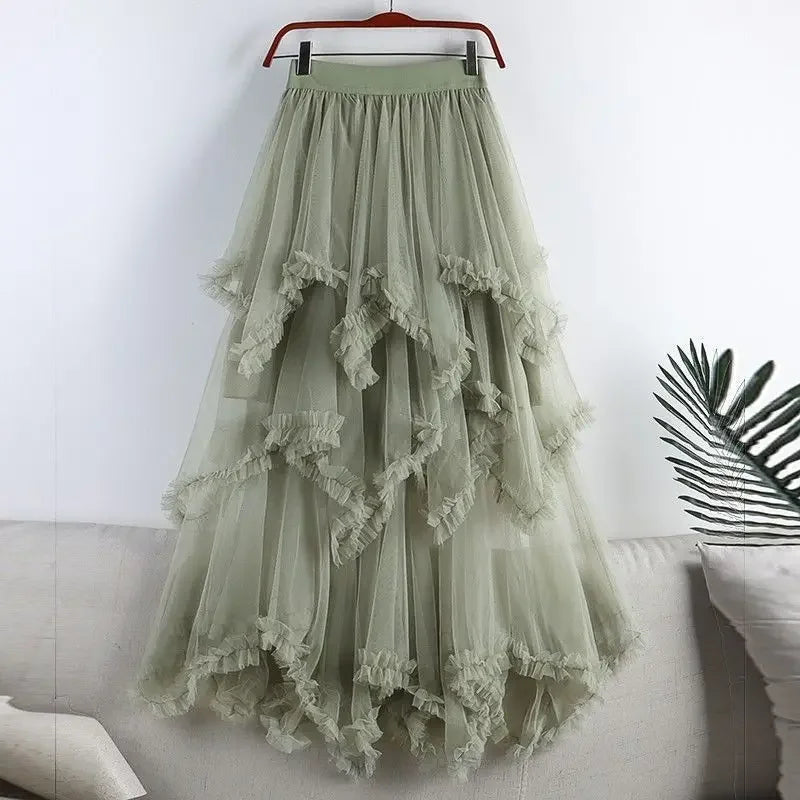 Summer Fashion Irregular Cake Tulle Skirt Women Sweet Midi Long High Waist A-line Skirt Female Mesh Party Evening Skirt