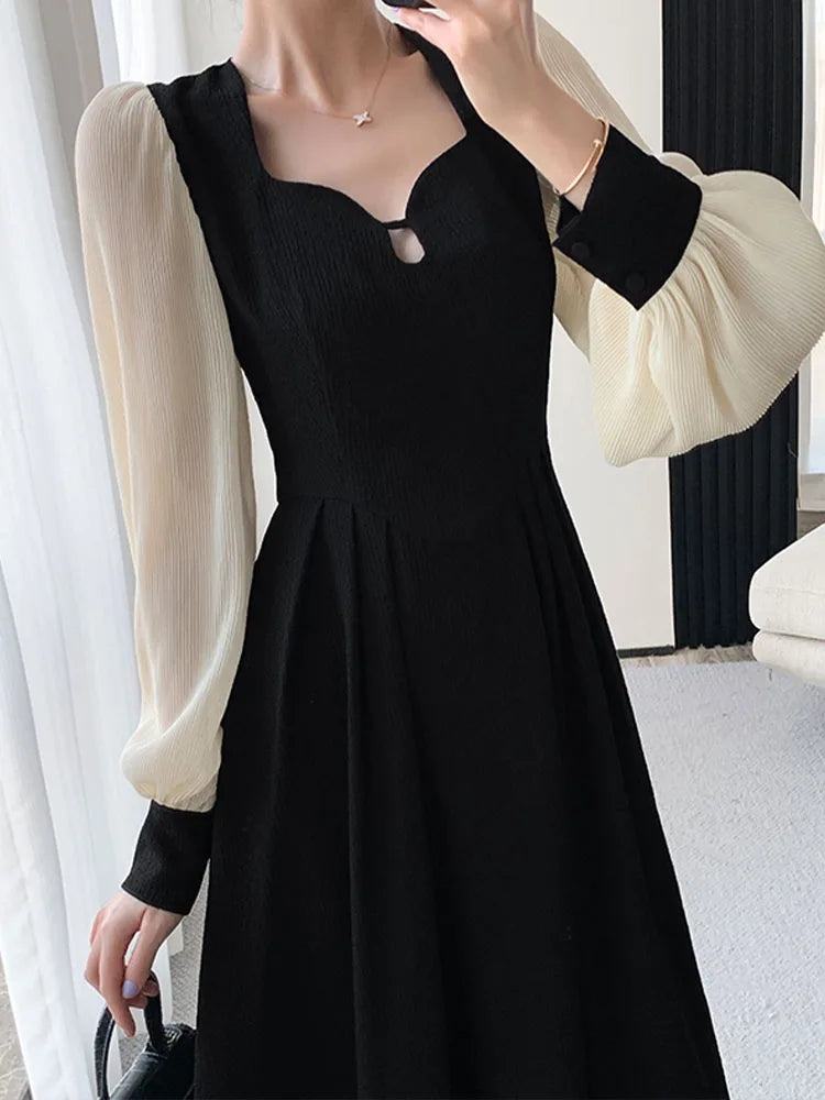 Fashion Dresses for Women Long Sleeve Party French Style Dress Solid Square Collar Midi Zipper 2023 New Spring Summer Dress