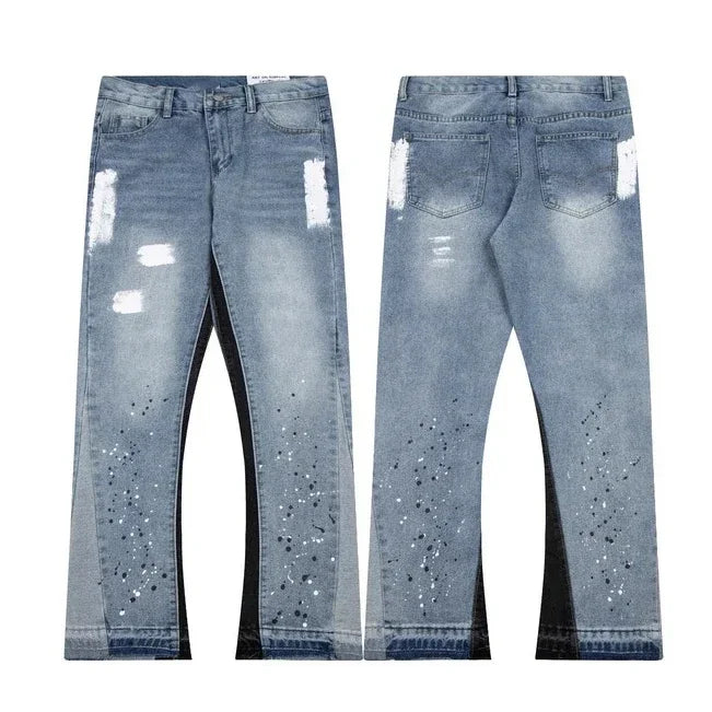 2024 European and American retro washed spliced denim loose trousers high street couple straight micro-flared jeans hot sale