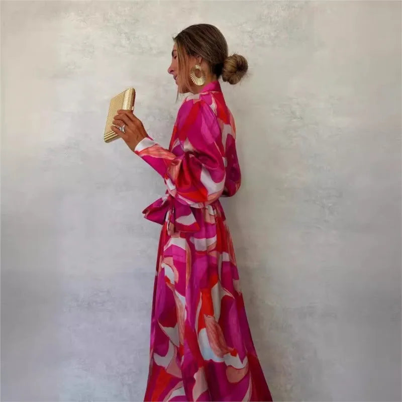 Pink Printed Women's Long Sleeved Dress Autumn New V-neck Cross Tie Lantern Sleeve Irregular Women's Long Dress 2024 Vestido