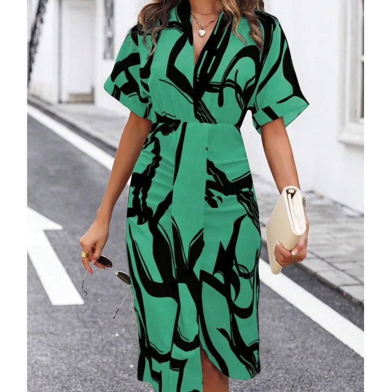 2024 Summer Fashion Printed V Neck Short Sleeved Slim Fit Dresses for Women Elegant Irregular Hips Wrap Female Office Midi Dress