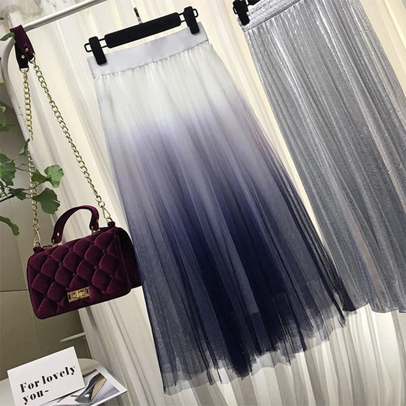 Long Tulle Skirt Women 2019 Autumn Gradient Korean Elegant High Waist A-line Pleated School Midi Skirt Female