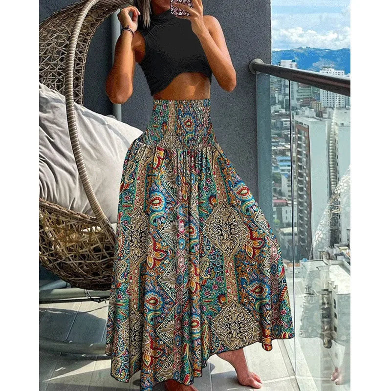 Mandylandy Summer Big Swing Skirts High Waist Slimming Printed Skirt Large Swing Skirt for Women Casual Bohe Streetwear Skirts