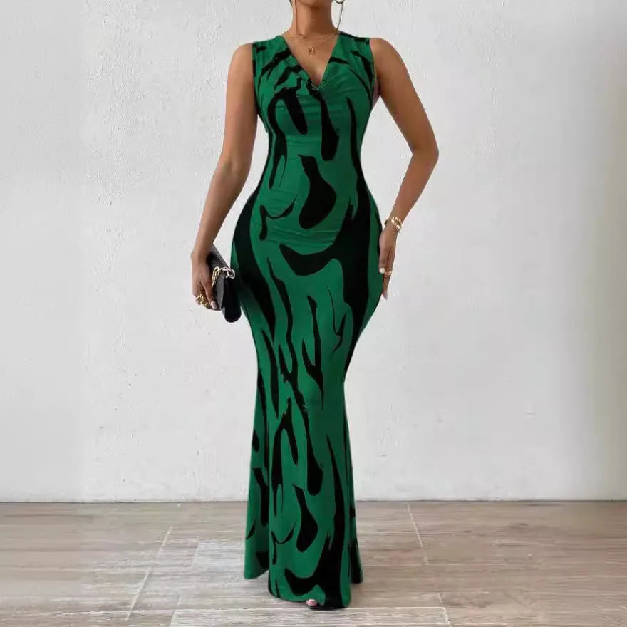 Women Print Dress Sleeveless Splice Slim Fit Long Dresses Midi Waist Wrap Hip Vestidos Elegant Office Lady Summer 2024