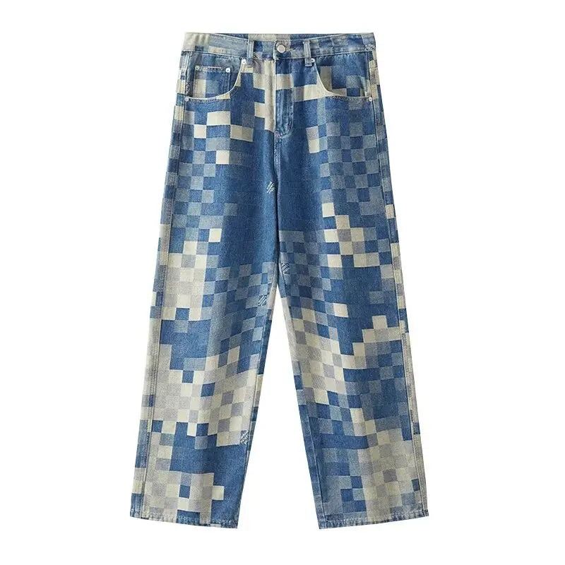 Mosaic Checkerboard Printed Jeans Men Autumn Fashion Straight Tube Loose High Street Wide Leg American Personality Long Pants