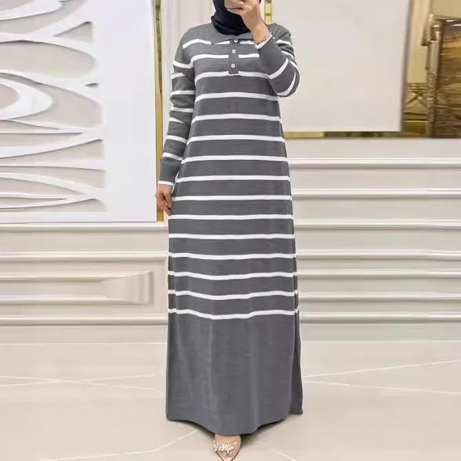 Eid Muslim Women Knit Dress Stripes Jalabiya Kaftan Islam Vestidos Long Robe Ramadan Morocco Dubai Abayas Knitting Dresses