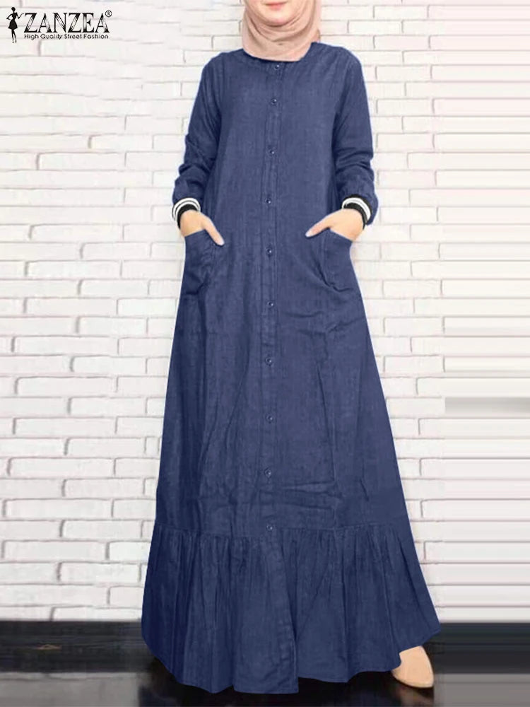 ZANZEA Spring Ruffles Hem Sundress Women Long Sleeve Muslim Abaya Dress Casual Kaftan Islamic Robe Solid Pleated Long Vestidos