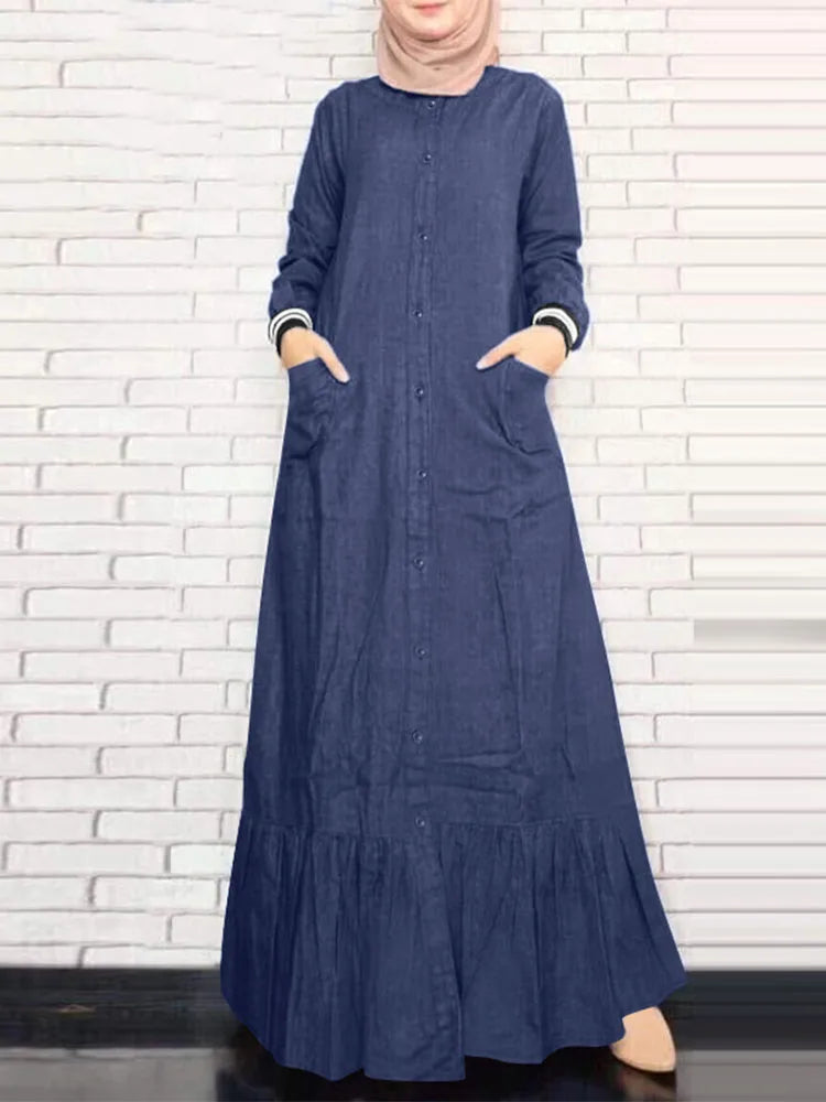 ZANZEA Spring Ruffles Hem Sundress Women Long Sleeve Muslim Abaya Dress Casual Kaftan Islamic Robe Solid Pleated Long Vestidos