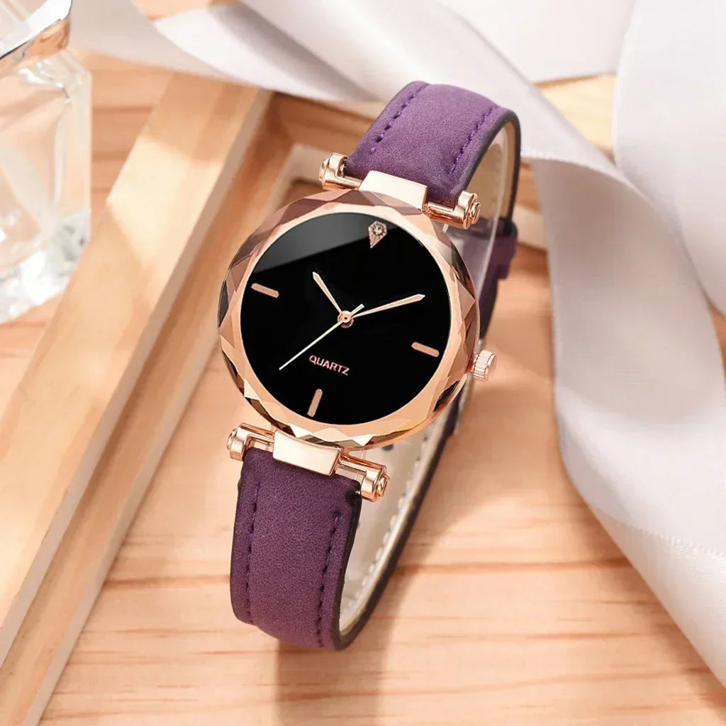 2024 Luxury Fashion Women Watch Set PU Leather Strap Ladies Quartz Wristwatch Rhinestone RoseGold Alloy Bracelet for Ladies Gift