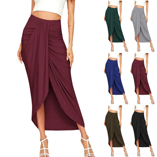 Chic Elegant Party Wine Skirt Asymmetrical Casual Slit Wrap Falda Elastic High Waist Maxi Draped Skirts Womens 2023 Faldas Mujer