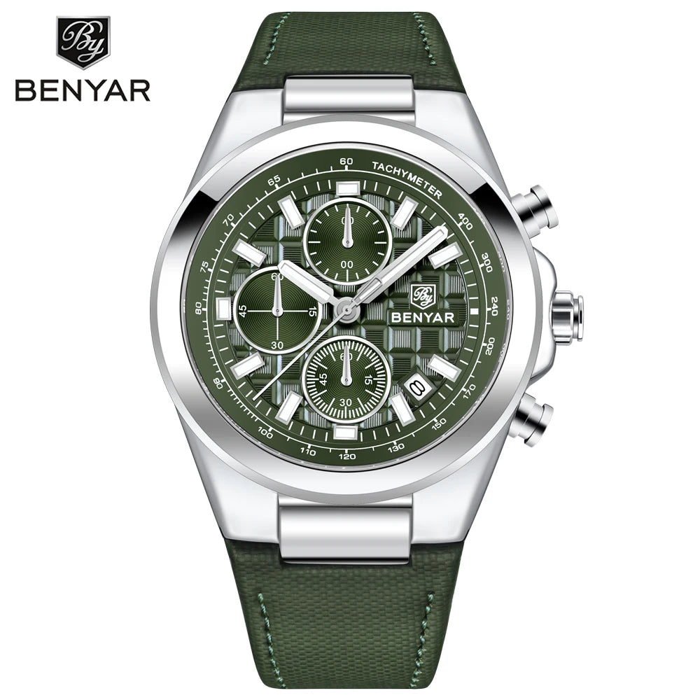 2024 New BENYAR Men's Watches Quartz Watch For Men Luxury Chronograph Watch Clock Gift Military Leather Waterproof Reloj Hombre