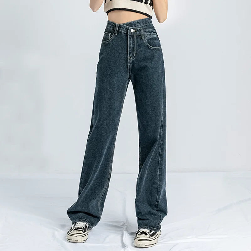 Irregular Crossover Vintage High-waisted Jeans, Women's Spring and Fall New Fashion Loose Wide-leg Pants, Floor-length Jeans