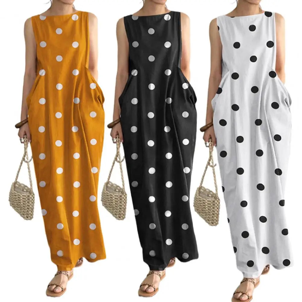 Loose Maxi Dress Summer Maxi Dress with Dot Print O Neck Big Pockets for Women Soft Ankle Length Beach