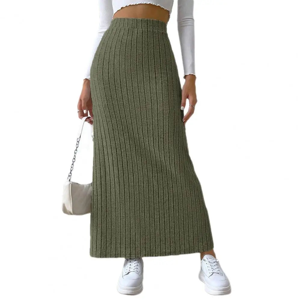 Autumn Winter Elegant Women Maxi Ribbed Skirt High Waist Side Slit Knitting Skirt Slim Long Skirt Summer